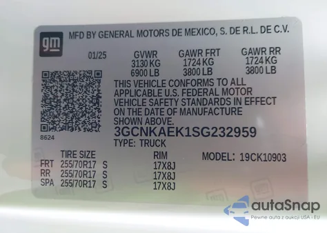 2025 Chevrolet Silverado 1500 4Wd Long Bed Wt from USA, damaged, VIN 3GCNKAEK1SG232959